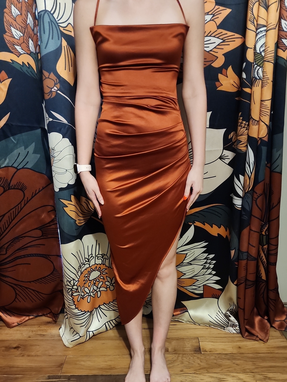Elegant Asymmetrical Satin Slip Dress in Copper